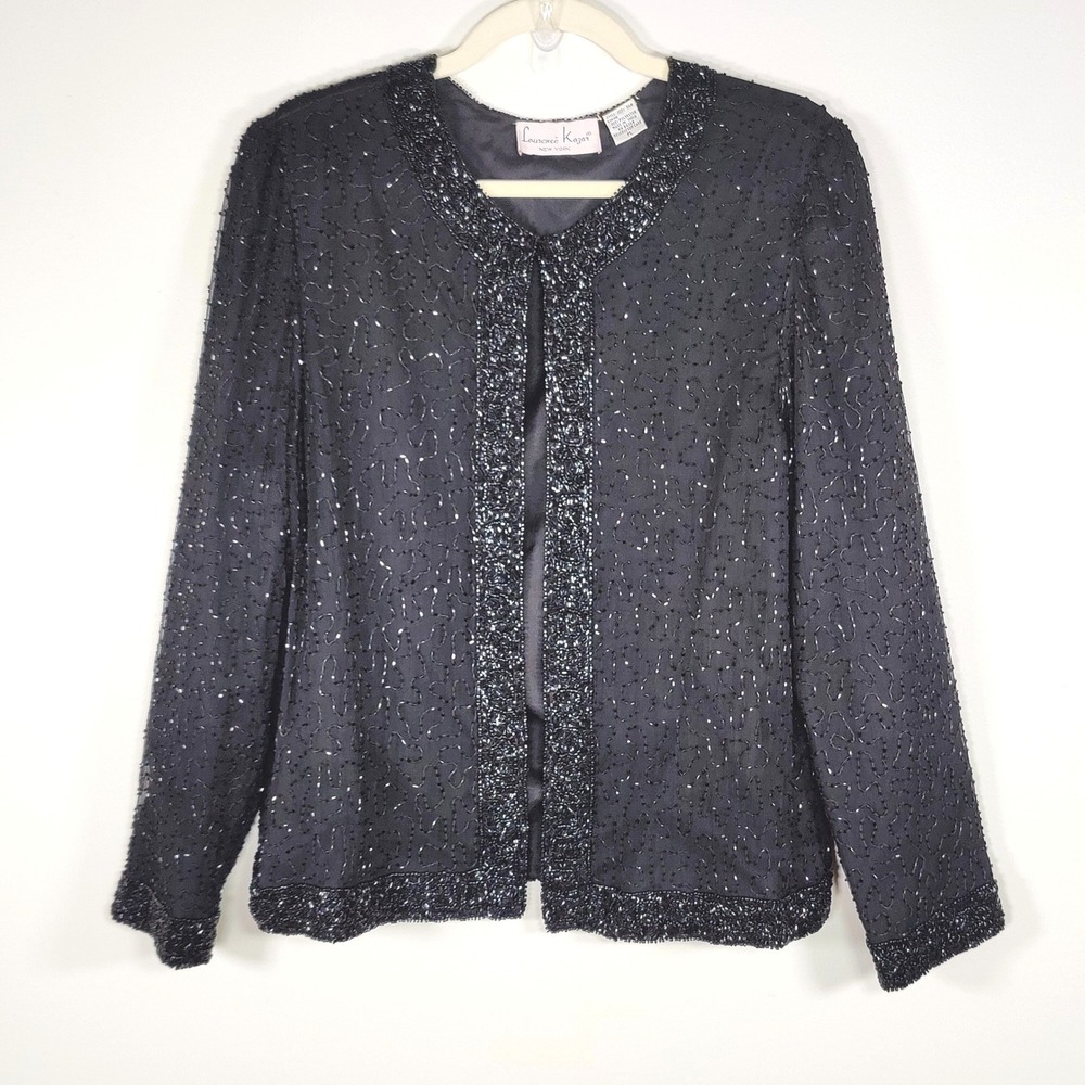 Vintage Laurence Kazar Silk Beaded Evening Jacket Black Petite L Quiet Luxury